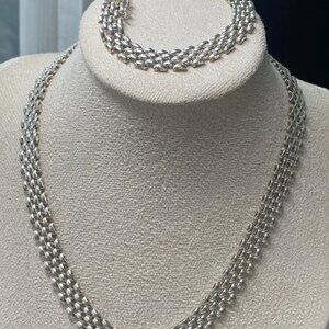 Vintage Italian MJI 925 Sterling Silver Multi-Row Necklace & Bracelet Set 11.2mm